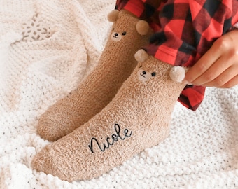 Custom Teddy Bear Socks - Cute Bear Fuzzy Socks - Fluffy Fleece Socks for Her - Holiday Gift Ideas for Her - Cozy Stocking Stuffer (EB3508P)