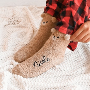 Custom Teddy Bear Socks - Cute Bear Fuzzy Socks - Fluffy Fleece Socks for Her - Holiday Gift Ideas for Her - Cozy Stocking Stuffer (EB3508P)