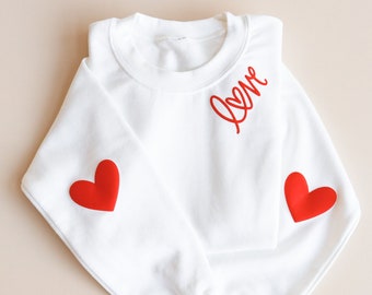 Embossed Love Sweatshirt For Valentine's Day Women Valentine Crewneck Teacher Valentine's Sweater Crewneck w Heart Arm Patches (EB3453PFLV)
