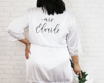 PLUS SIZE Bride Robe Personalized Bride Robes Mrs Robe PLUS size Satin Lace Bride Getting Ready Robe Plus Size (EB3260P)