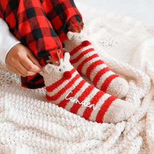 Personalized Reindeer Socks Cozy Fuzzy Christmas Socks Custom Holiday Socks Gift Ideas for Women Teens Friends Stocking Stuffers  (EB3507P)