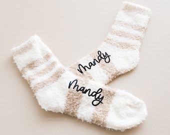 Custom Fuzzy Socks - Cozy Beige Striped Socks - Valentine Sock Gift Ideas Personalized for Women Galentine Gifts for Friends (EB3499P)