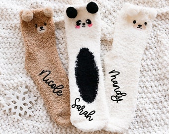 Personalized Bear Socks Cozy Fuzzy Teddy Bear Panda Socks Custom for Women Holiday Gift Ideas for Her Teen Friend Stocking Stuffer (EB3508P)