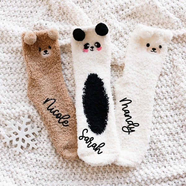 Personalized Bear Socks Cozy Fuzzy Teddy Bear Panda Socks Custom for Women Holiday Gift Ideas for Her Teen Friend Stocking Stuffer (EB3508P)