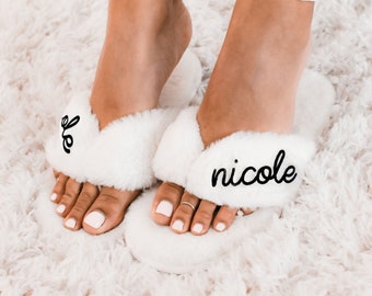 Personalized Slippers with Names Bridesmaid Slippers Bride Birthday Gifts for Friends, Sister, Teens, Women, Her (EB3394P)