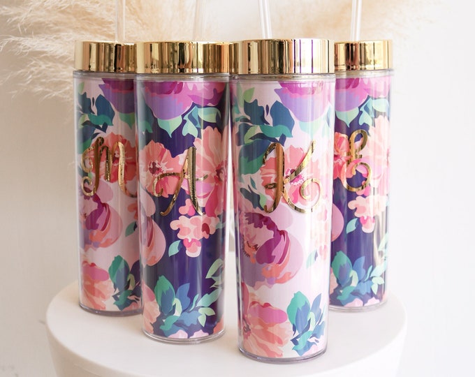 Floral Tumbler Initial MugTumbler Bridesmaid Gift Maid of Honor Gift Bride Gift for Bride Bridal Shower Gift Hostess Gift Ideas  (EB3113FL)