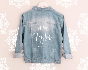 Custom Bride Jacket MRS Established Denim Jacket Personalized Wedding Date Jacket Bridal Shower Gift Idea Honeymoon Jean Jacket (EB3343EST)