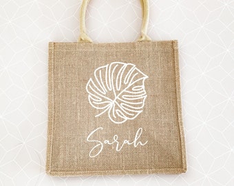 Palm Leaf Tote Bag - Personalized Tropical Gift Bags for Beach Bachelorette Bridesmaid Vacation Tote Burlap Jute Tote Women (EB3259PLM)