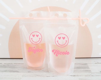 Valentine's Party Drink Pouches Heart Eyes Smiley Face Drink Pouches with Straw Galentines Day Party Favor Gift Ideas (EB3481SF)