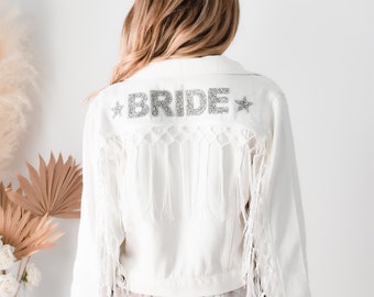 Fringe Jacket Personalized Bride Jean Jacket with Tassel Fringe Western Wedding Jacket Bridal Shower Gift Ideas for Bride (EB3448SQP) WHITE