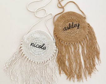 Personalized Crochet Purse Personalized Bags Fringe Macrame Bachelorette Party Gift Bags for Bridesmaids Crossbody Holiday Gifts (EB3446P)