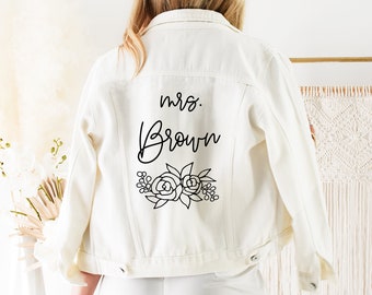 Custom Mrs Jacket White Bride Denim Jacket Personalized Custom Wedding Jacket Gift Bride Jean Jacket MRS Jacket Bride to Be Gift (EB3362P)