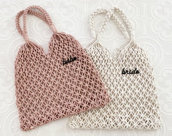 Matching Bride & Babe Boho Bags - Pink White Macrame Bags - Bachelorette Party Bags - Hobo Beach Bag for Her (EB3433EMB)