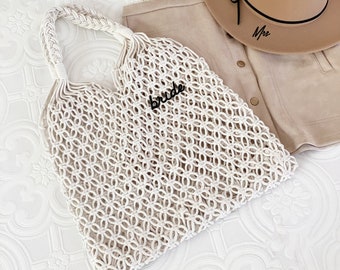 Sacs pour célibataires Bride & Babe | Sac de plage Bride | fourre-tout en macramé tressé | Sac hobo d'été pour mariée | Idée cadeau pour la mariée (EB3433EMB)