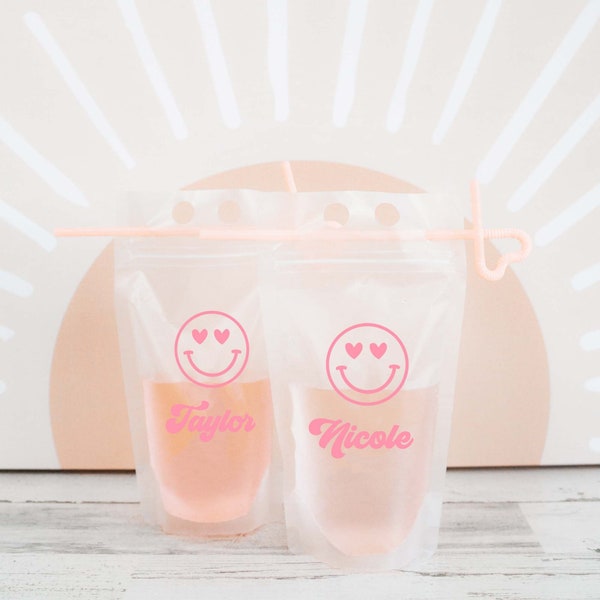 Valentine's Party Drink Pouches Heart Eyes Smiley Face Drink Pouches with Straw Galentines Day Party Favor Gift Ideas (EB3481SF)