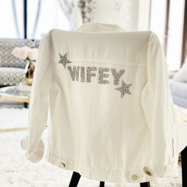 WIFEY Denim Jacket Wedding Jean Jacket White Mrs Jacket Bride Jacket Bachelorette Bride Gift Unique Bridal Shower Gift Ideas (EB3362SQW)