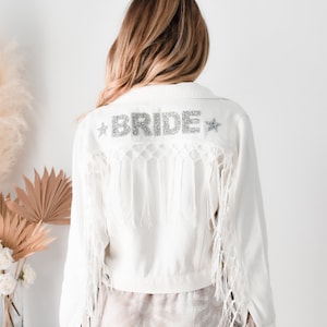 Fringe Jacket Personalized Bride Jean Jacket with Tassel Fringe Western Wedding Jacket Bridal Shower Gift Ideas for Bride (EB3448SQP) WHITE