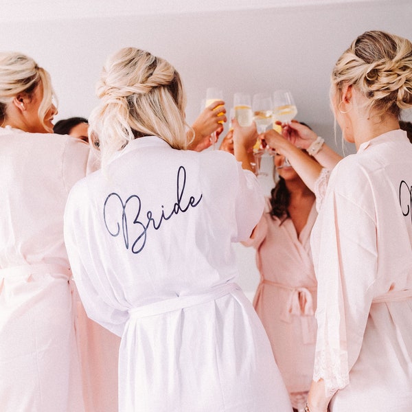 Bride Wedding Day Robe - Satin Robe With Lace Detailing - Matching Bridal Party Robes - Getting Ready Outfit Idea - White Robe (EB3260WD)