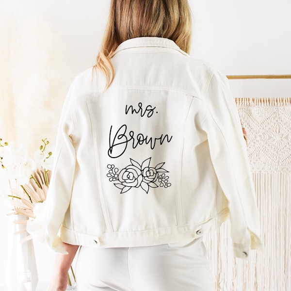 Custom Mrs Jacket White Bride Denim Jacket Personalized Custom Wedding Jacket Gift Bride Jean Jacket MRS Jacket Bride to Be Gift (EB3362P)