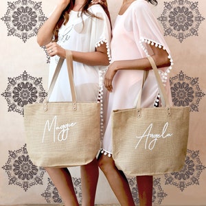 Personalized Beach Bag Jute Bags Custom Large Beach Tote Bags with Names Bridesmaid Gift Bag Tote EB3330ANS image 2