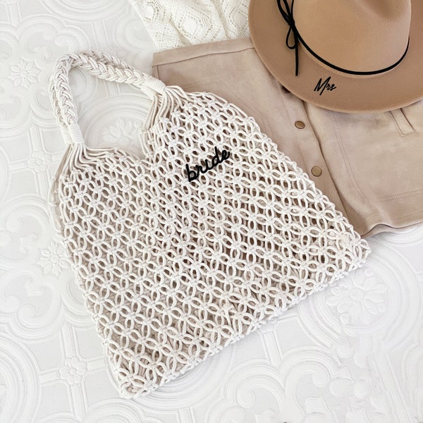 Bride & Babe Bachelorette Bags | Bride Beach Bag | Braided Macramé Tote Bag | Summer Hobo Bag for Bride | Bride Gift Idea  (EB3433EMB)