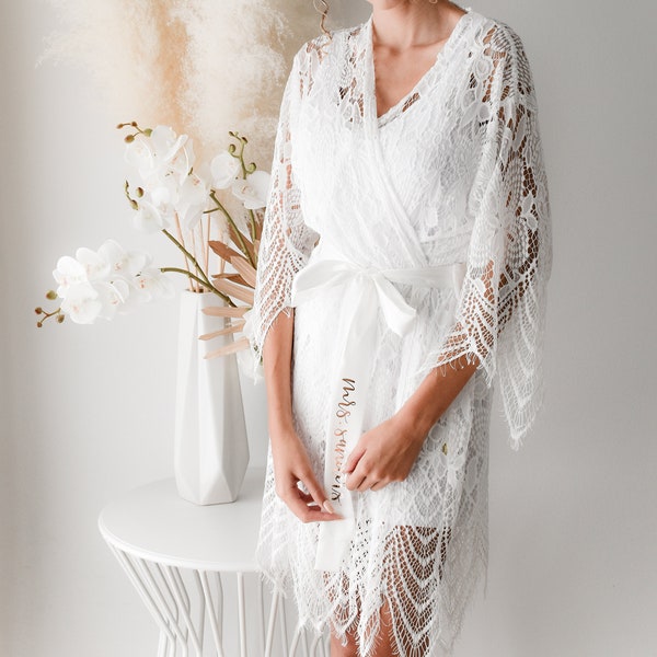 Bride Robe Lace Bridal Robe Personalized Bride Robe Regular and Plus Size Bridal Robe Full Lace Robe Bride Gift (EB3321P)