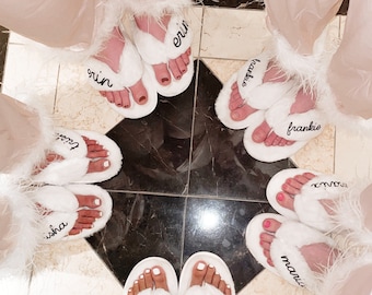 Custom White Slippers - Fuzzy Sandal Slippers with Name - Matching Wedding Slippers - Bridesmaid Getting Ready - Sleepover Idea (EB3394P)