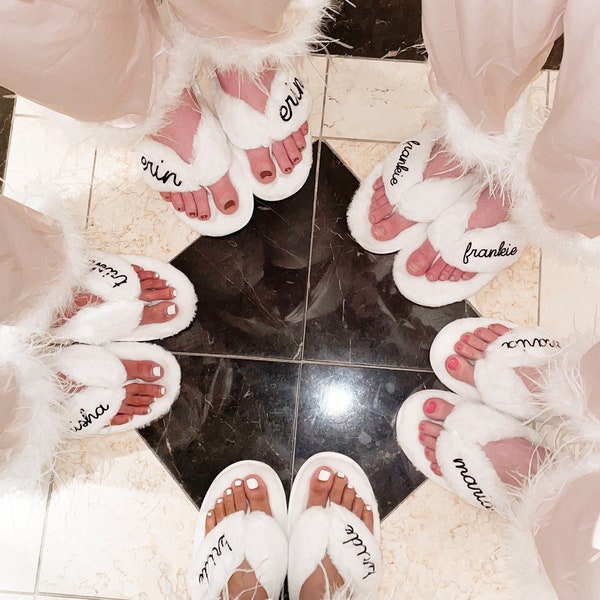 Custom White Slippers - Fuzzy Sandal Slippers with Name - Matching Wedding Slippers - Bridesmaid Getting Ready - Sleepover Idea (EB3394P)