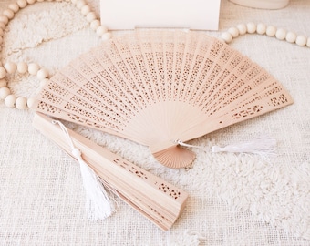 Sandalwood Fan with White Tassel - Summer Party Favor - Folding Hand Fan - Fans for Wedding - Outdoor Wedding Favor (EB1055) Set of 12|