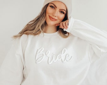 Embossed Bride Sweatshirt - Engagement Gift Winter Bridal Shower Gift for Bride - White Crewneck - Matching Couples Sweatshirts (EB3453PFWD)