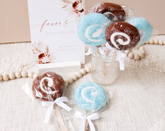 Lollipop Towel Favors - Fun Baby Shower Favor - Kids Birthday Party Favor - Candy Table Idea - Rolled Towel Blue & Brown (EB2122) Set Of 10|