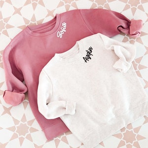 Kids Sweatshirt Embossed Name on Collar Toddler Little Girl Custom Name Youth Sweatshirt Child Pullover Crewneck Fleece (EB3515PFCOL)