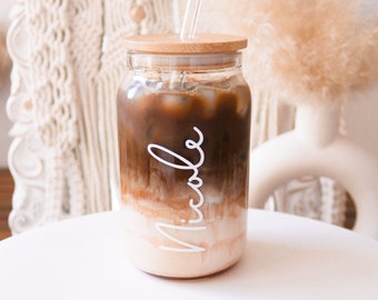 Custom Iced Coffee Glass - Aesthetic Coffee Cup For Her - Personalized Can-Shaped Glass w Lid - Best Friend Birthday Gift Idea (EB3496ERT)