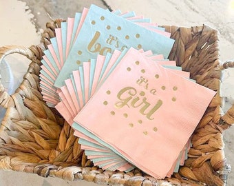 Gender Reveal Napkins - Its a Girl Baby Shower Its a Boy Baby Shower Napkins Blue and Gold Pink and Gold (EB3099ITS) - set of 25 napkins