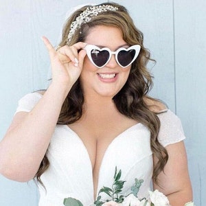 Bride Sunglasses | White Heart Sunglasses | Wedding Day Sunglasses | Retro Heart Sunglasses | Matching Bachelorette Sunnies (EB3347RTR)