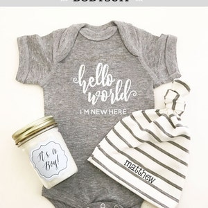 Baby Boy Coming Home Outfit - Baby Boy Clothes - Baby Shower Gift Boy Bodysuit Hello World Newborn Outfit Boy (EB3168HLW) - BODYSUIT ONLY