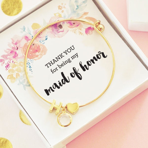 MOH Gift Maid of Honor Gift Ideas Gift for Maid of Honor Sister Bridal Party Gifts Maid of Honor Bracelet (EB3144WC) Gold Initial Bracelet