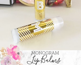 Bridesmaid Lip Balms - Monogram Lip Balm Favors - Unique Bridesmaid Gifts - Bridal Party Gift Chapsticks - Gold Monogram (EB3165) SET OF 8