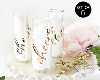 Bachelorette Party Cups - PLASTIC Cheers Champagne Flutes Bridesmaid Champagne Flutes Bridesmaid Wine Glasses (EB3254CH) set of 6 flutes