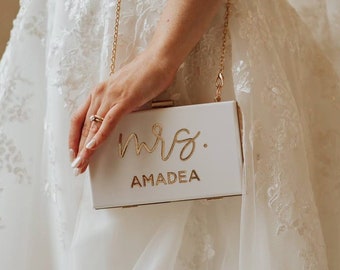 Wedding Day Purse - Custom Mrs Clutch - Bride Crossbody - Acrylic Clutch Purse - New Last Name Accessory - White Bride Purse (EB3338MRS)