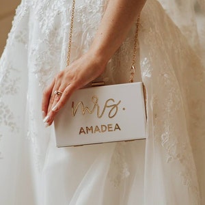 Wedding Day Purse - Custom Mrs Clutch - Bride Crossbody - Acrylic Clutch Purse - New Last Name Accessory - White Bride Purse (EB3338MRS)