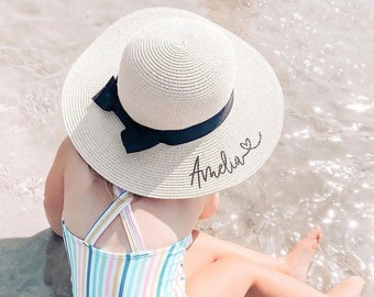 Custom Girls Beach Hat - Little Girls Summer Hat - Floppy Hat For Girls - Sun Hat with Black Bow - Outdoor Child Hat - Straw Hat (EB3334P)