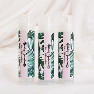 Beach Wedding Favors Tropical Bridal Shower Favors Palm Leaf Bachelorette Party Favors Personalized Lip Balm Favors (EB3031PLM) set of 16|