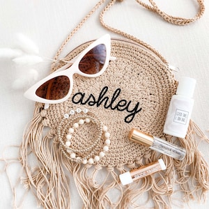 Bachelorette Party Gift Bags Personalized Fringe Purse Personalized Bags Boho Crochet Macrame Bag for Bridesmaids Crossbody (EB3446P) Empty