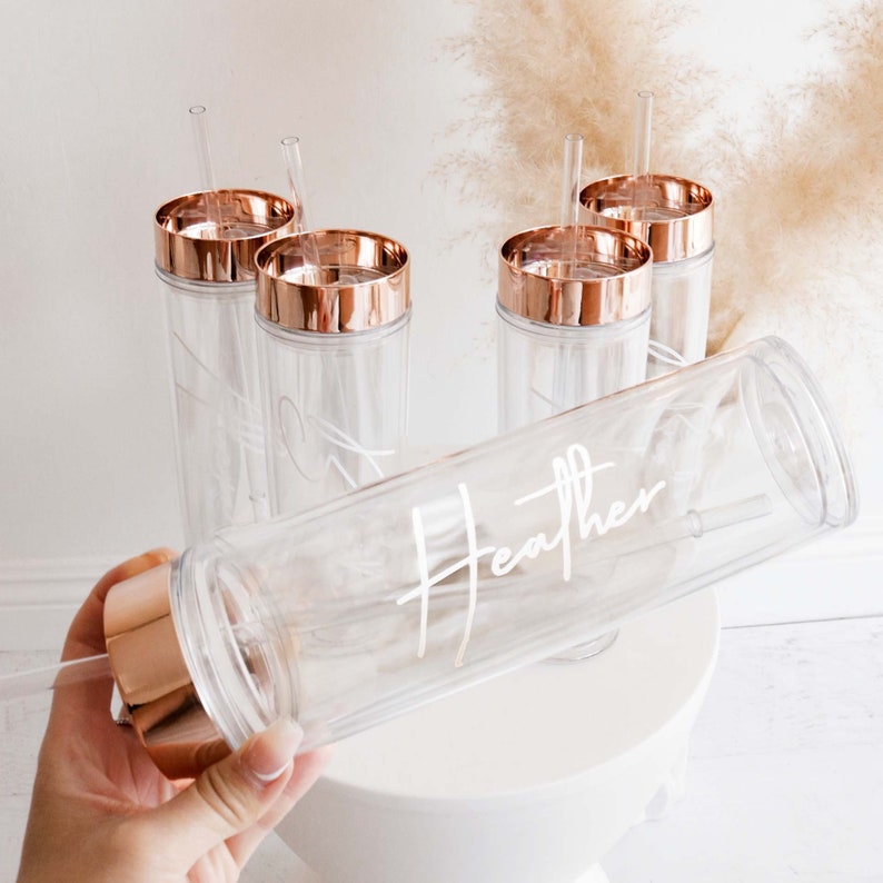 Rose Gold Tumbler with Straw Personalized Bridesmaid Tumblers Set choose ANY qty Personalized Bachelorette Gifts EB3113ANS image 2