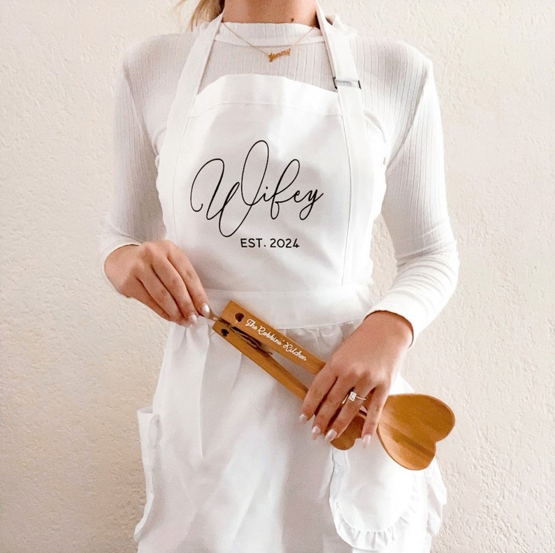Wifey Apron Kitchen Bridal Shower Gift Personalized Wifey Apron Cute Bridal Engagement Gift Ideas 2022 Gift for Bride EB3353EST image 3