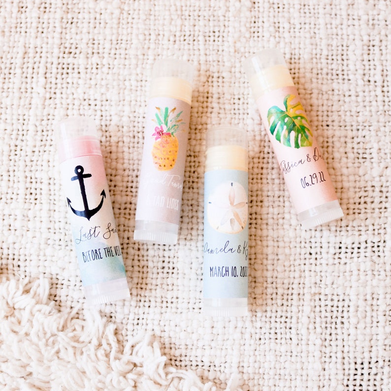 Beach Wedding Favors Tropical Bridal Shower Favors Tropical Bachelorette Party Favors Personalized Lip Balm Tubes EB3031TPB set of 16 image 2