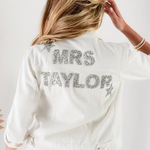 Personalized Wedding Jacket Bride Denim Jacket Bride Jean Jacket Personalized Jacket Mrs Jacket Bridal Shower Gift Ideas EB3362SQP WHITE image 4