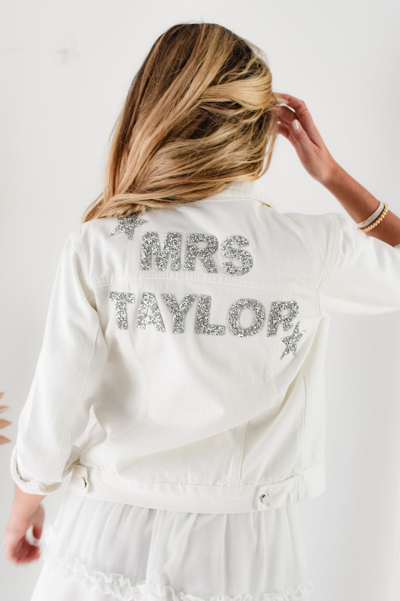 Personalized Wedding Jacket Bride Denim Jacket Bride Jean Jacket Personalized Jacket Mrs Jacket Bridal Shower Gift Ideas EB3362SQP WHITE image 4