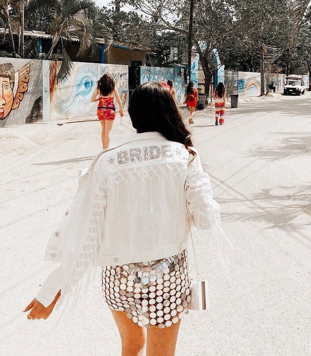 Bride Fringe Jacket - White Denim Jacket - Rhinestone Bride